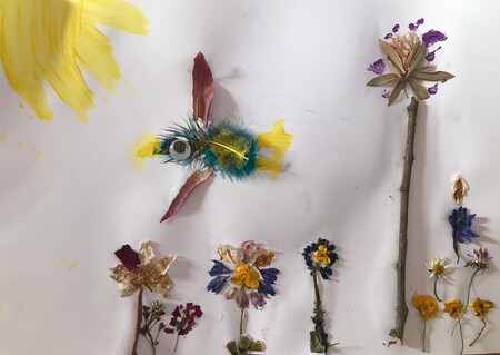 Lila Everest - Flowers and Beautiful Bird (Feathers, pressed flowers, paint, glue)