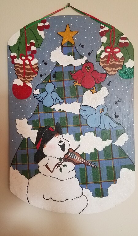 Mary Barron - Wooden Violin Snowman [Handcut with Scroll Saw, Acrylic on Wood]]