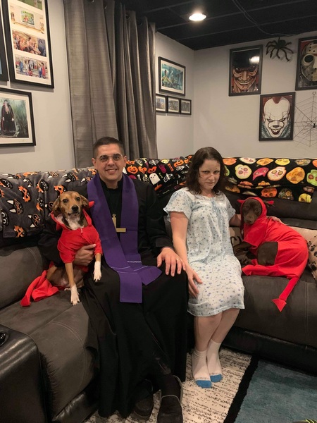 Regan, Father Karras, and their two hellhounds