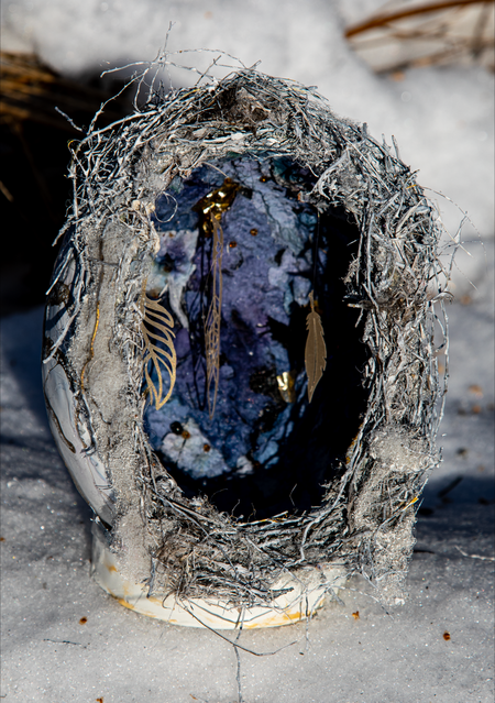 “Feathered Nest” mixed media Ostrich egg by Shannon Huber