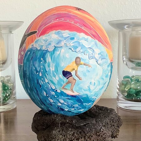 “This Home That I Love” acrylic painted ostrich egg by Melanie Pruitt