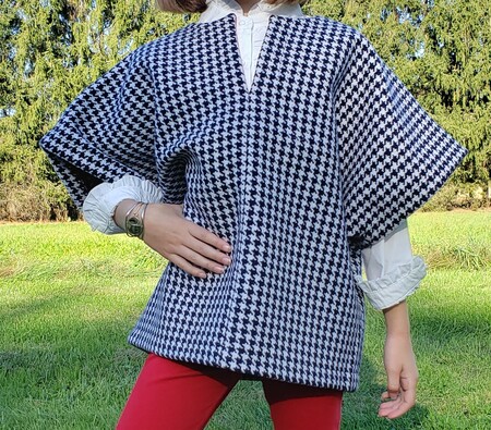 Navy Blue Houndstooth 100% Wool Poncho - Sewn Wool Garment