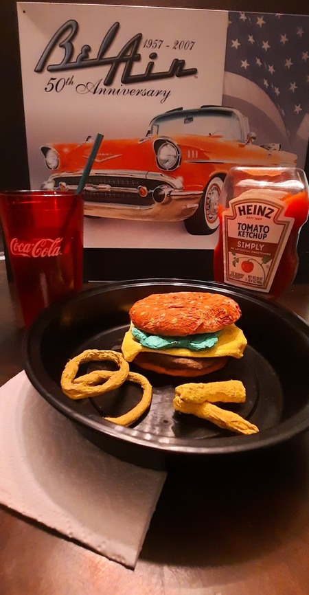 Pop Art Sculpture Burger, Fries and Onion Ring (made with toilet paper)