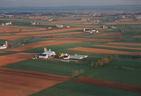 Bird's eye view of Eastern Lanc. County farm fields taken from Hot Air Balloon in early May