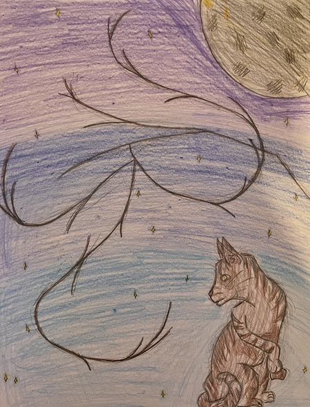 Entry image for Cat under a tree and at midnight with the moon and stars.. Clicking this image will show a larger photo