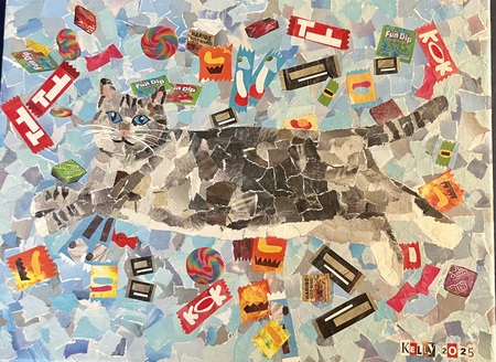 Entry image for Kelly Russell - Canvas, Magazine Pages, Gel Medium - Bon Bon A SOCKS Cat. Clicking this image will show a larger photo