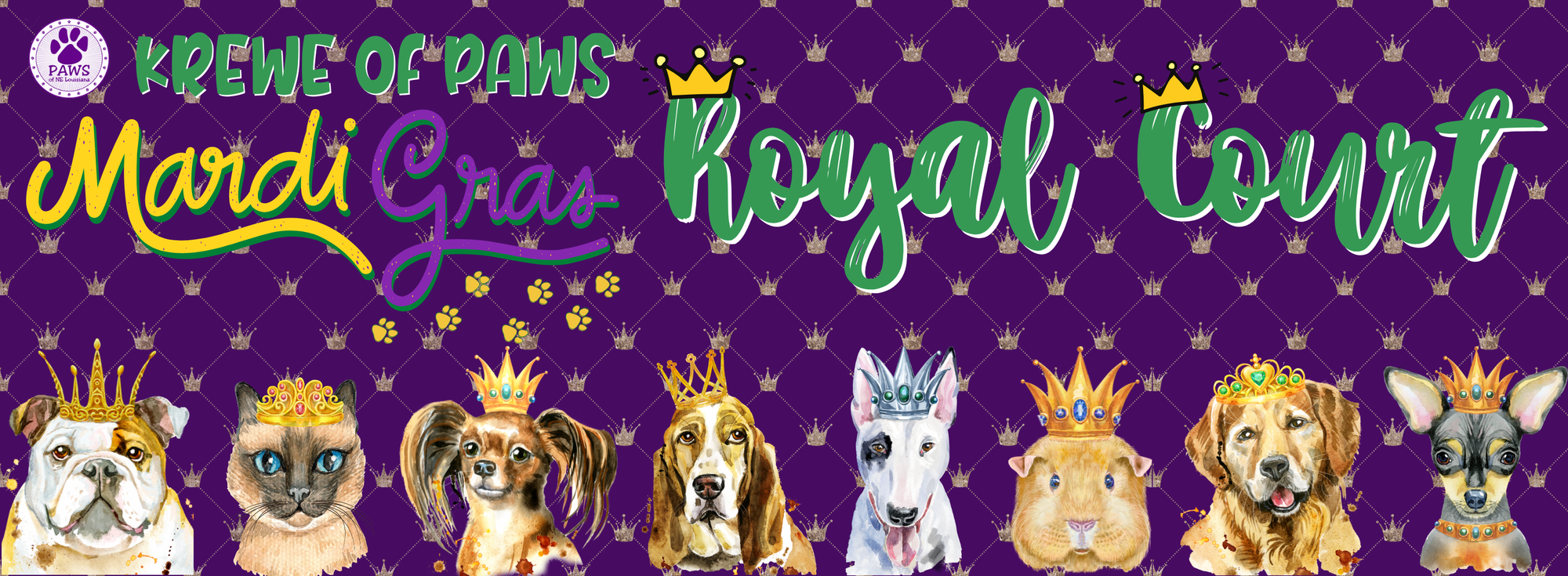 Banner for 2026 Krewe of PAWS Royal Court Contest