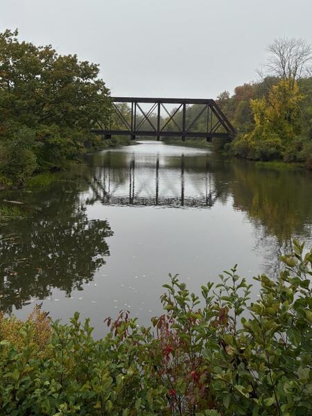 Entry image for Reflection of Royal River Park Bridge, Yarmouth, Maine. Clicking this image will show a larger photo