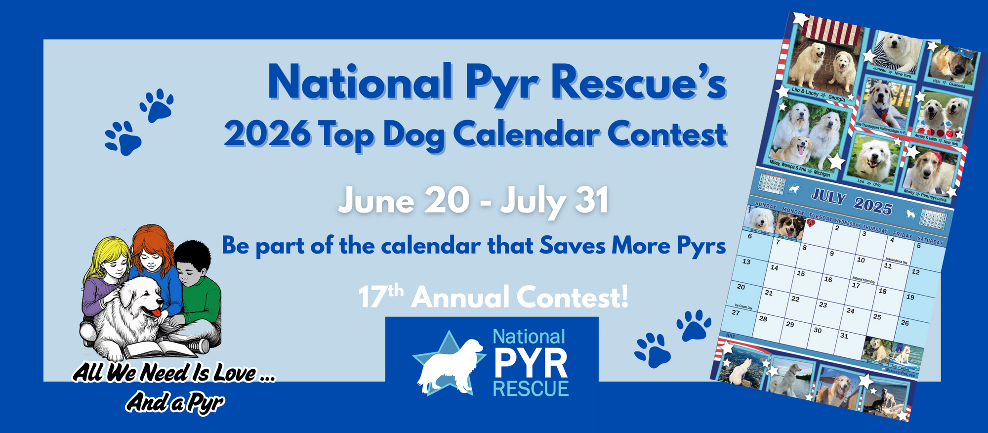 Banner for National Pyr Rescue's 2027 Happy Endings Calendar Cover Contest