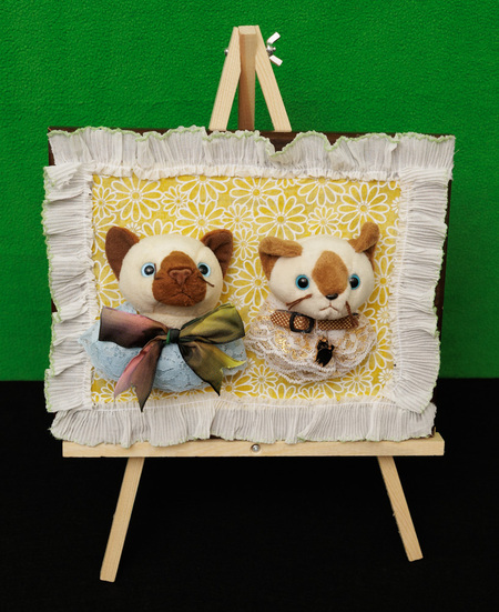 Entry image for Leanna Miller, Victorian Whiskers: Tea & Lace. A pair of handcrafted feline companions dressed in la. Clicking this image will show a larger photo