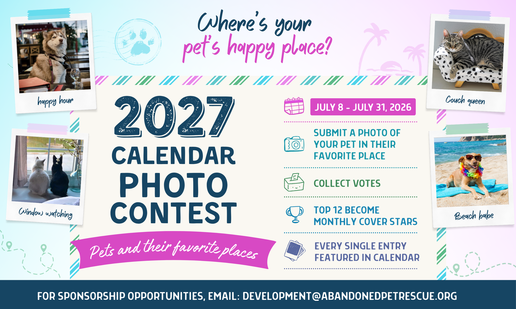 Banner for Abandoned Pet Rescue's "Pets and Their Favorite Places" 2027 Photo Calendar